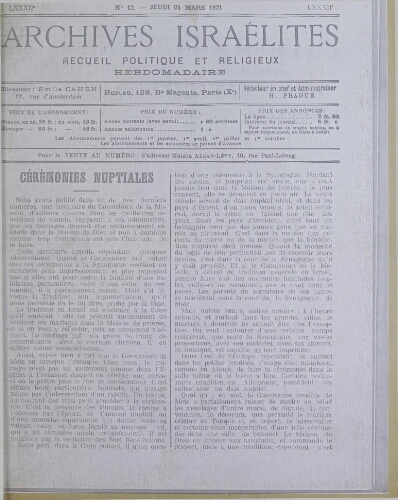 Archives israélites de France. Vol.82 N°12 (24 mars 1921)